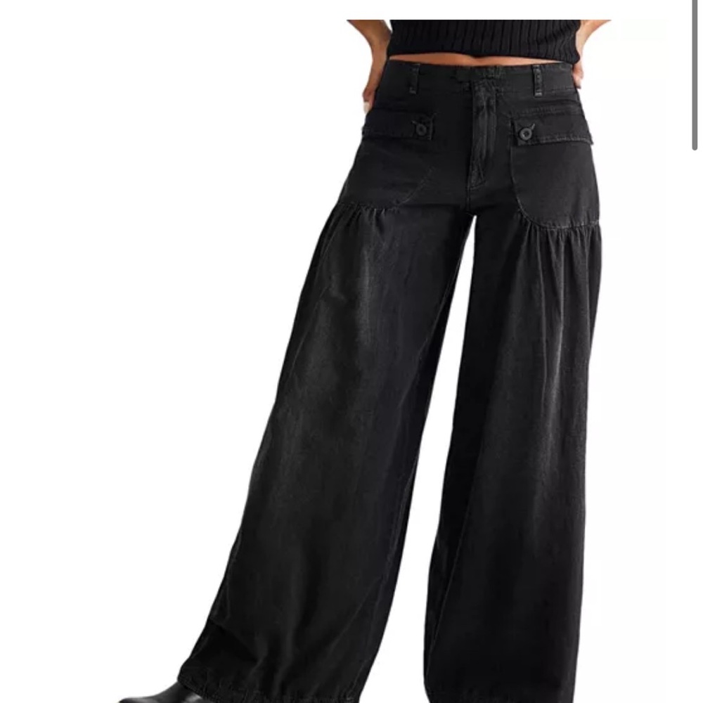 Free People Black Wide-Leg Flare Cargo Jeans with Panel Seams.
